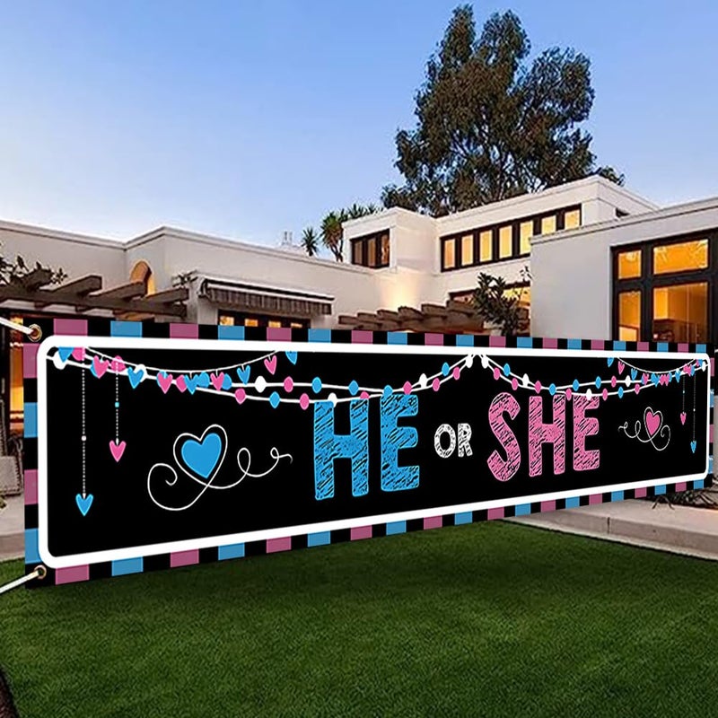 DOTOOMA 118 x 20 Inches He Or She Gender Revel Banner Yard Sign Blue Or Pink For Boys And Girls With Stars And Heart Decoration Baby Shower Supplies Indoor Outdoor Blue Pink - Image 1